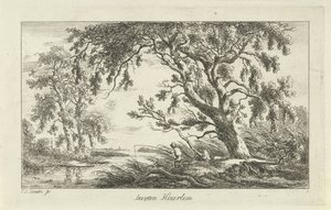 Kalastaja jokimaisemassa Buyten Haarlem (otsikko esineessä) Maisemat (a-f) (sarjan nimi) tekijältä Carel Lodewijk Hansen