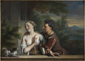 Mies, joka yrittää syleillä naista, kirjoittanut Carel (Charles) de Moor (1656-1738). Öljy kankaalle. Koko: 33,5 x 47 cm. Tukholman kansallismuseo