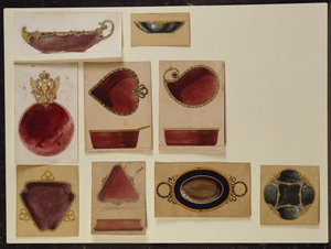 Kokoelma astiakuvioita, House of Carl Faberge (kynä ja akvarelli paperille)