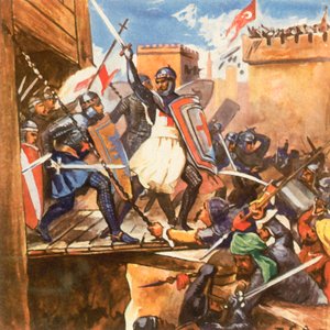 Ristiretkeläisten hyökkäys Akkoniin (tehostettu värilitografia). tekijältä Carl Arriens