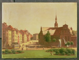 Palatsiaukio ja Holmens Kirke, ikkunasta Christiansborgin linnassa, Kööpenhaminassa, 1866 tekijältä Carl Christian Constantin Hansen