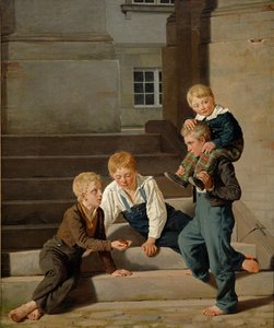 Nuoret pojat leikkivät noppaa Christiansborgin linnan edessä, Kööpenhamina, 1834 tekijältä Carl Christian Constantin Hansen