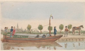 Hinausproomu, 1824 Een hollandsche trek tai Jaagschuit / Une barque de tracte, servante au transport de voyageurs et marchandises en hollande (otsikko esineessä) tekijältä Carl Cristiaan Fuchs