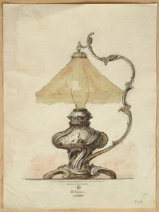 Piirustus rokokootyylisestä hopeisesta pöytävalaisimesta, jossa on kierretty uurrettu runko, House of Carl Faberge tekijältä Carl Fabergé
