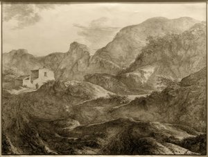 Gebirgslandschaft, links ein Haus mit einem Wanderer davor tekijältä Carl Friedrich von Rumohr