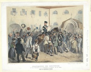 Perustuslain julistus kansalliskaartin kokoontumispaikalla Freihausissa Wiedenillä 15. maaliskuuta 1848 (värillinen litografia). tekijältä Carl Goebel