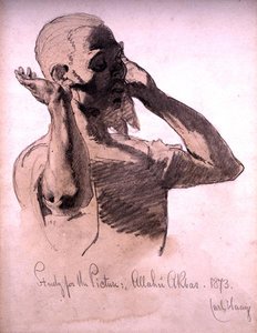 Figuuri Rukoilee, tutkielma kuvaa varten, Allahu Akbar, 1873 (kynä ja akvarellipesu paperille) tekijältä Carl Haag