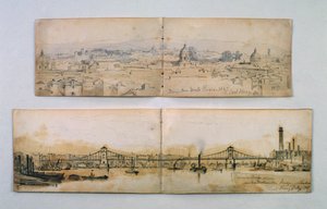 Hungerford Suspension Bridge ja Monte Pineio, 1847 (kynä ja pesu paperille) tekijältä Carl Haag