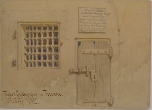 Jasson vankila Ferrarassa, 1852 (kynä ja wc-pesu paperilla) tekijältä Carl Haag