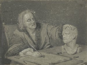Valmistelija luonnostelee kipsipäätä tekijältä Carl Heinrich Mylius