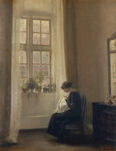 Tyttö ompelee sisätiloissa (öljy kankaalle) tekijältä Carl Holsoe