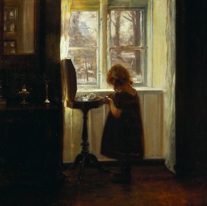 Tyttö seisoo ompelupöydän ääressä (öljy kankaalle) tekijältä Carl Holsoe