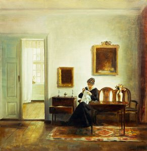 Nainen ompelemassa sisustusta (öljy kankaalle) tekijältä Carl Holsoe