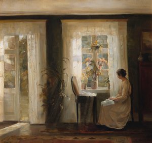 Nainen aurinkoisessa ikkunassa (öljy kankaalle) tekijältä Carl Holsoe