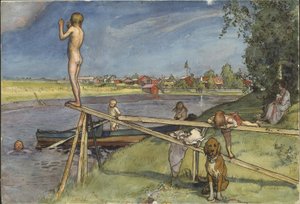 Miellyttävä uimapaikka. Teoksesta A Home (26 akvarellia) tekijältä Carl Larsson