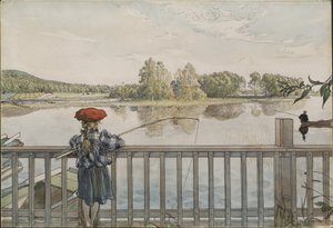 Lisbeth onkimassa. Teoksesta Koti (26 akvarellia) tekijältä Carl Larsson