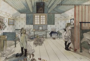 Äidit ja pienten tyttöjen huone, Koti-sarjasta, n. 1895 (wc paperilla) tekijältä Carl Larsson