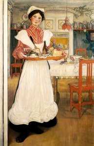 Martina kantaa aamiaista tarjottimella tekijältä Carl Larsson