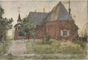 Vanha Sundbornin kirkko. Teoksesta A Home (26 akvarellia) tekijältä Carl Larsson