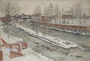 ”Timber Chute”. Talvimaisema. Teoksesta A Home (26 akvarellia) tekijältä Carl Larsson