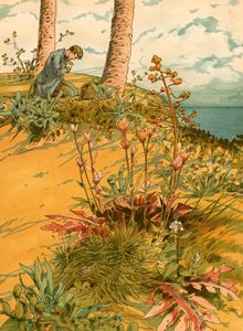 Robinson Crusoe rukouksessa "kirkossaan"