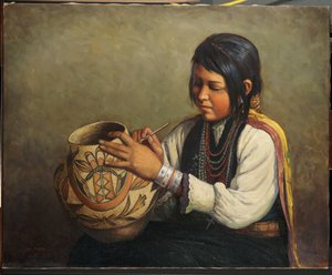 Isleta Pottery Maker, Pueblo of Isleta, New Mexico (öljy kankaalle)