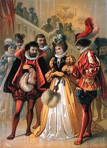 Cinderella at the ball, kuvitus "Cinderella" Charles Perrault (1628-1703) (värikaiverrus)