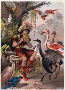 Papageno pannuhuilulla tuo linnut metsästä. Carl Offterdingerin (1829-1889) kuvitus teoksessa ”Lumottu huilu” (Die Zauberflote, flauto magico, The Magic Flute). Yksityinen kokoelma.