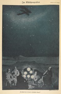 "Haudoissa". Saksalaiset sotilaat, lentokone lentää heidän yläpuolellaan yötaivaalla (kaiverrus) tekijältä Carl Olof Petersen