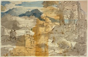 Landschaft bei Rocca Canterano mit einer Frau mit Kindern, Hirten und Pilgern