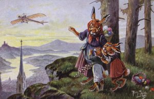 Kanit keskustelemassa lentokoneesta (väri litho) tekijältä Carl Robert Arthur Thiele