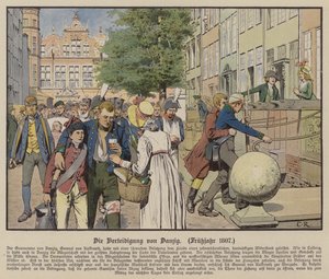 Siviilit auttoivat preussilaisia haavoittuneita Danzigin puolustamisen aikana, kevät 1807 (väri litho) tekijältä Carl Röchling