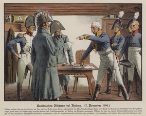 Kenttämarsalkka Blucher antautumassa ranskalaisille Katekaussa, 7. marraskuuta 1806 (väri litho) tekijältä Carl Röchling