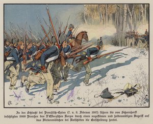 Preussin jalkaväki hyökkäsi Eylaun taistelussa 7.-8. helmikuuta 1807 (väri litho) tekijältä Carl Röchling