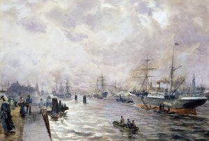 Purjelaivoja Hampurin satamassa, 1889 (wc ja guassi paperilla)