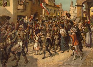Mobilisaatio vuonna 1914. Kuva koulujen historianopetukseen, 1915 tekijältä Carl Rohling