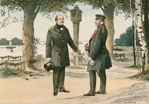 Preussin kuningas ja Saksan ensimmäinen keisari Vilhelm I (1797-1888) ja saksalainen valtiomies Otto von Bismarck (1815-1898) Babelsbergissä vuonna 1862.