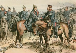 Wilhelm I, Preussin kuningas ja ensimmäinen Saksan keisari (1797-1888) tervehtimässä poikaansa Sadowassa vuonna 1866 tekijältä Carl Rohling