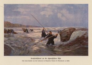 Meripihkan keräys Itämerellä, Itä-Preussissa (värilitografia) tekijältä Carl Saltzmann