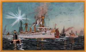 Keisarinna Augusta lähdössä New Yorkista, C. Saltzmannin kromolitografia 95, nro 13 G. Wislicenuksen teoksesta Unsre Kriegsflotte. tekijältä Carl Saltzmann