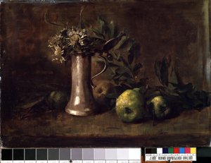 Nature morte (Asetelma). Carl Schuchin (1846-1903) maalaus. Öljy kankaalle, 52,5 x 76 cm. 1800-luvun saksalaista taidetta. Valtion M.K. Ciurlionisin taidemuseo, Kaunas (Liettua).