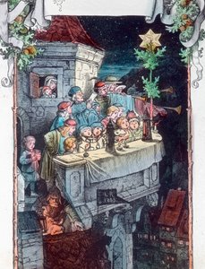 Kunnia Jumalalle korkeimmassa taivaassa. Saksalaisen taidemaalarin ja graafikon Fritz Richterin (1904-1981) kuvitus. Kuvan päivämäärä: noin 1930. Carl Sinonin arkisto tekijältä Carl Simon