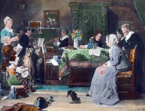 Perhekonsertti. Saksalaisen taidemaalarin Fritz von Uhden (1848-1911) maalaus vuodelta 1881. Kuvan päivämäärä: noin 1890. Carl Simonin arkisto tekijältä Carl Simon
