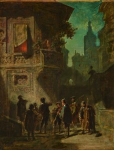 Espanjalainen serenadi Sevillan parturista, noin 1856. tekijältä Carl Spitzweg