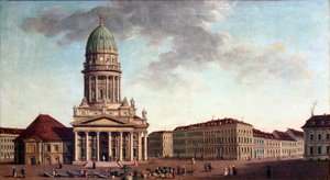 Gendarmenmarkt Berliinissä, Markgrafen- ja Jägerstraßen kulmauksessa. tekijältä Carl Traugott Fechhelm