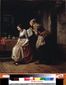""Kirje"" (Kirje) Palvelija tuo kirjeen epätoivoiselle nuorelle tytölle. Carl Wilhelm Hubnerin (1814-1879) maalaus 1800-luvun Kaukoidän taidemuseo, Habarovsk, Venäjä tekijältä Carl Wilhelm Hübner
