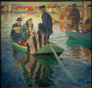 Kirkkovieraat veneessä tekijältä Carl Wilhelm Wilhelmson