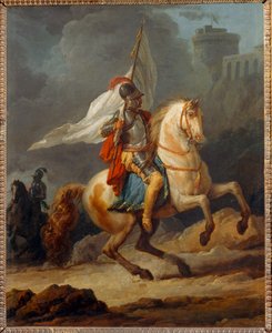 Cavalier en armure tenant un drapeau - Panssaroitu ritari, joka kantaa lippua ... tekijältä Carle Vernet