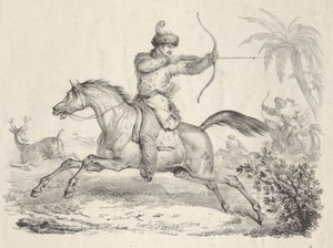 Kasakat hevosen selässä metsästävät peuroja, 1821-36. tekijältä Carle Vernet