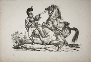 Cuirassier jaloissa pidättelee kasvatushevosta tekijältä Carle Vernet
